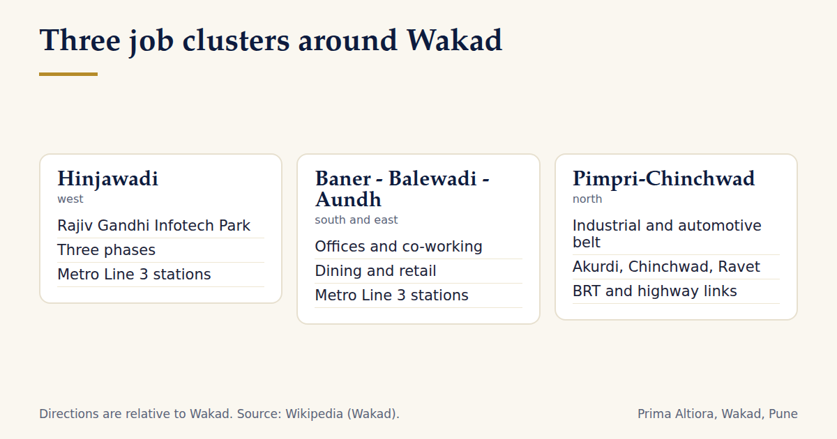 Three job clusters around Wakad: Hinjawadi, Baner-Balewadi-Aundh and Pimpri-Chinchwad